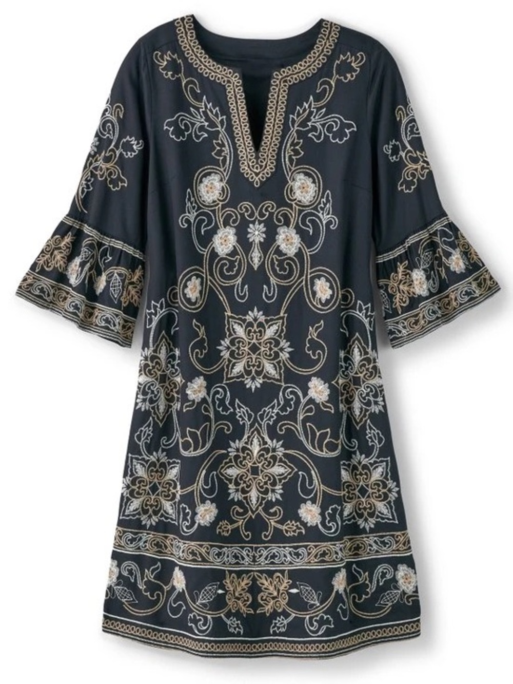 Soft Surroundings Ebba Embroidered Black Shift Dress Flounce Sleeve XS New